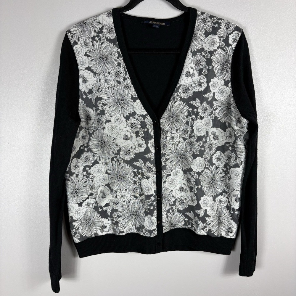 Brooks Brothers Women's Large Black White Floral 100% Wool Cardigan Sweater